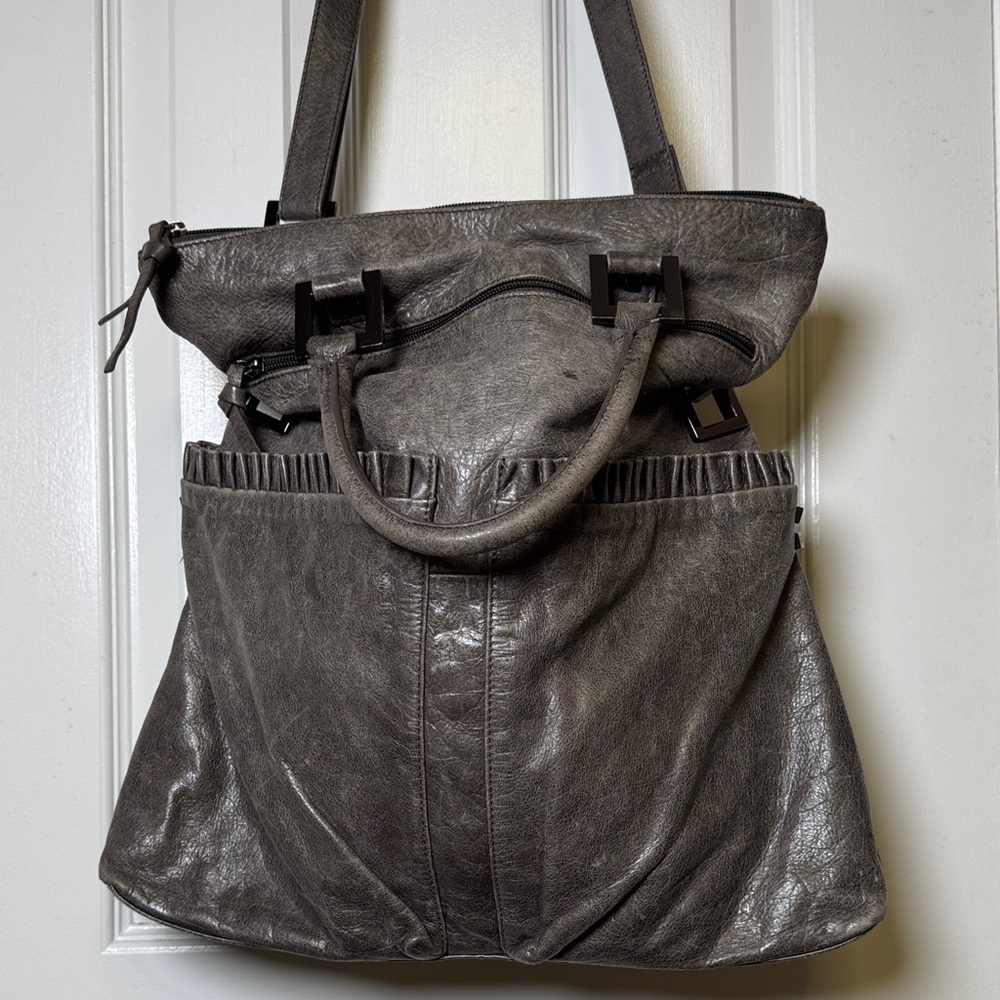Helen Welsh Metallic Gray Leather Convertible Shoulder Crossbody Tote π - Picture 2 of 16